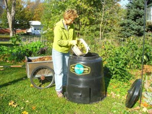 adding food scraps to the compost bin